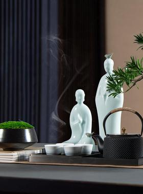 新中式禅意绿植小盆景迎客松茶具人物摆件民宿茶室茶台桌面装饰品