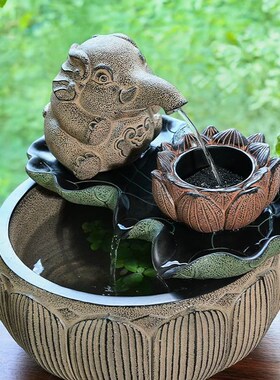 办公室装饰大象吐水流水生财摆件循环水茶室布置鱼池茶桌水系景观