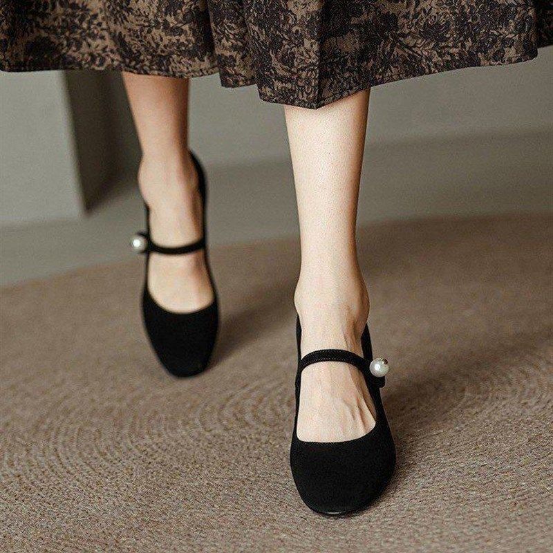 粗跟方头高跟鞋女黑色中跟5cm一字扣珍珠玛丽珍鞋浅口绒面单鞋潮,淘宝优惠券,粉丝福利购,淘宝优惠卷