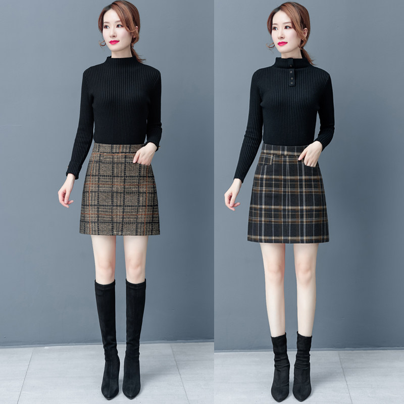 毛呢格子秋冬2020新款高腰半身裙 纤丝朵半身裙