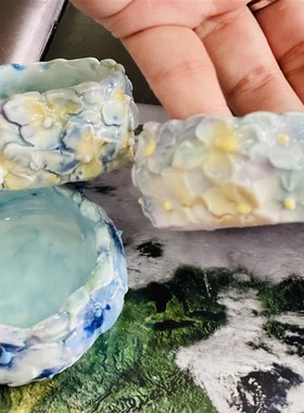 瓷蓓手捏造景摆台陶瓷高温釉下绣球花小碟收纳小花盆乔迁新居礼物