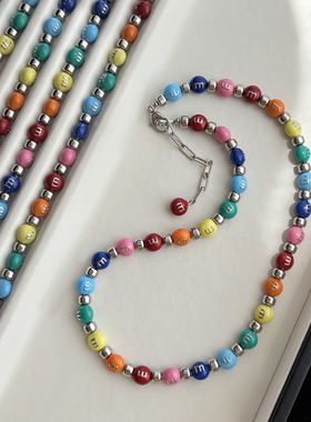 彩虹色多巴胺珐琅滴釉M豆项链女