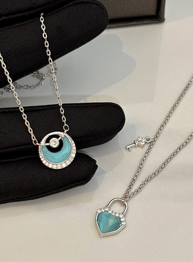 蓝色猫眼石月亮爱心项链女