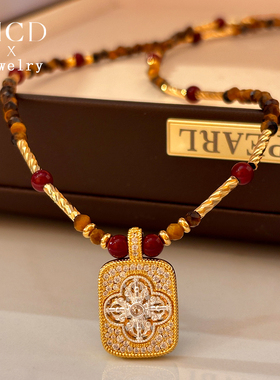 天然虎眼石四叶草无事牌项链女