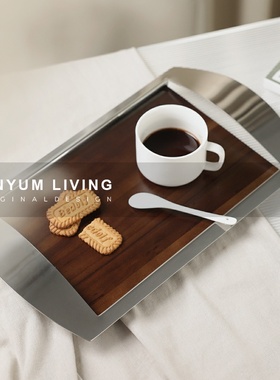 现代轻奢样c板间餐厅客厅装饰高级感木质托盘摆件咖啡厅收纳置物