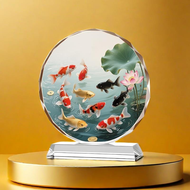 九鱼莲花图水晶摆件九鱼图入口装饰画聚财招财表乔迁开幕礼 - 图0