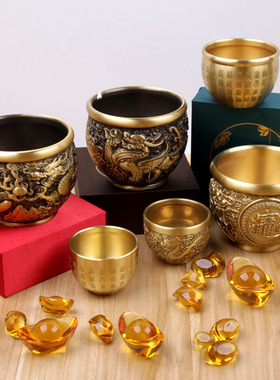 招财进宝百福铜缸纯黄铜米缸聚宝盆摆件客厅家居聚财小铜盆存钱罐