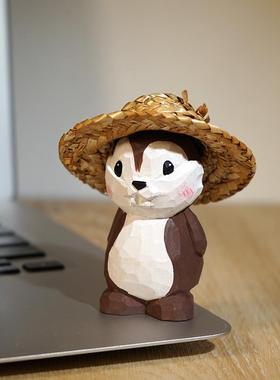 花栗鼠手工木雕小摆件可爱卡通动物办公书桌面摆放工位装饰品萌物
