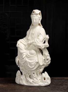 陶瓷摆饰《坐岩自在观音菩萨像》王秋芳雕塑观世音菩萨佛像