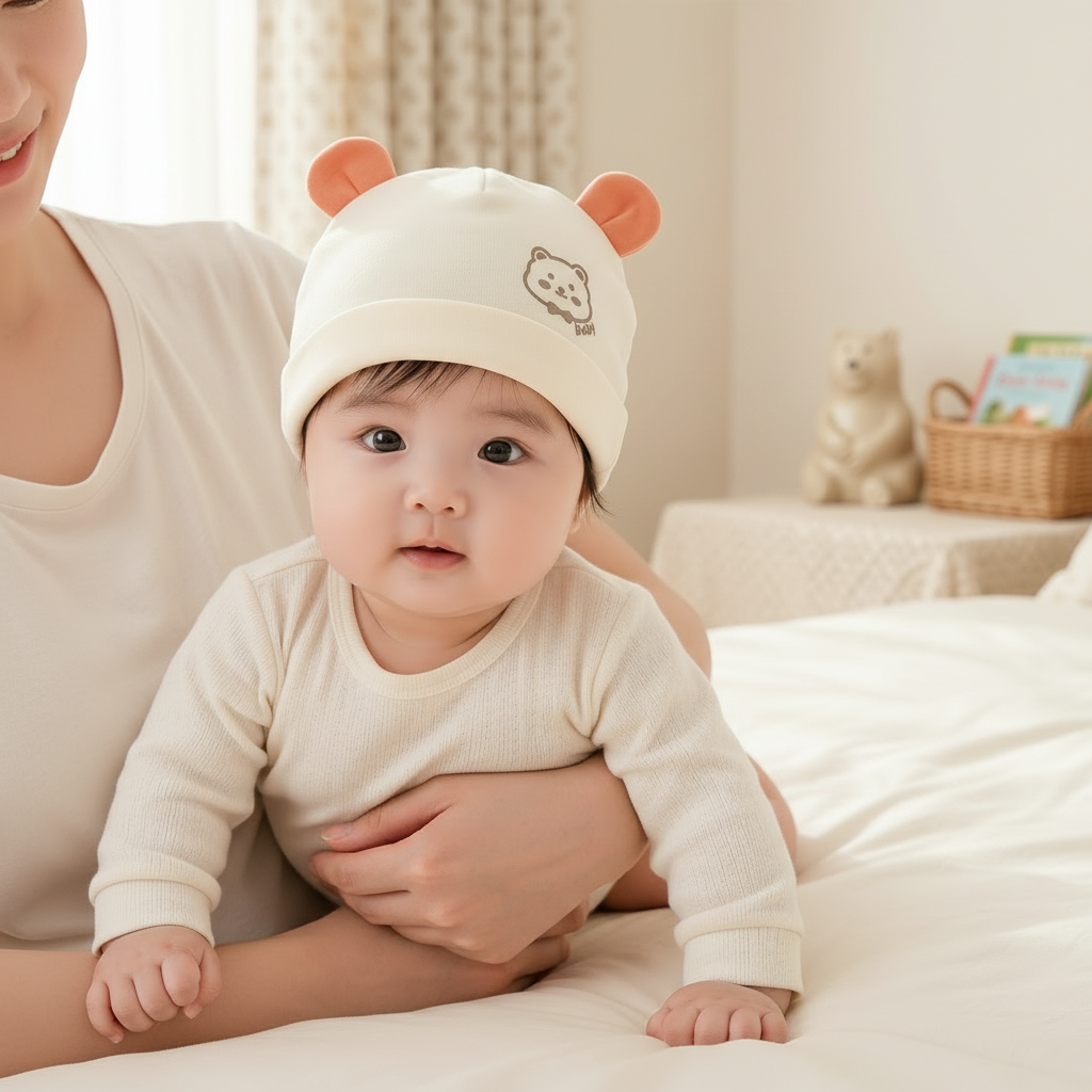 0-3月婴儿帽子夏季纯棉A类无骨新生儿双层胎帽防风护头软萌夹棉