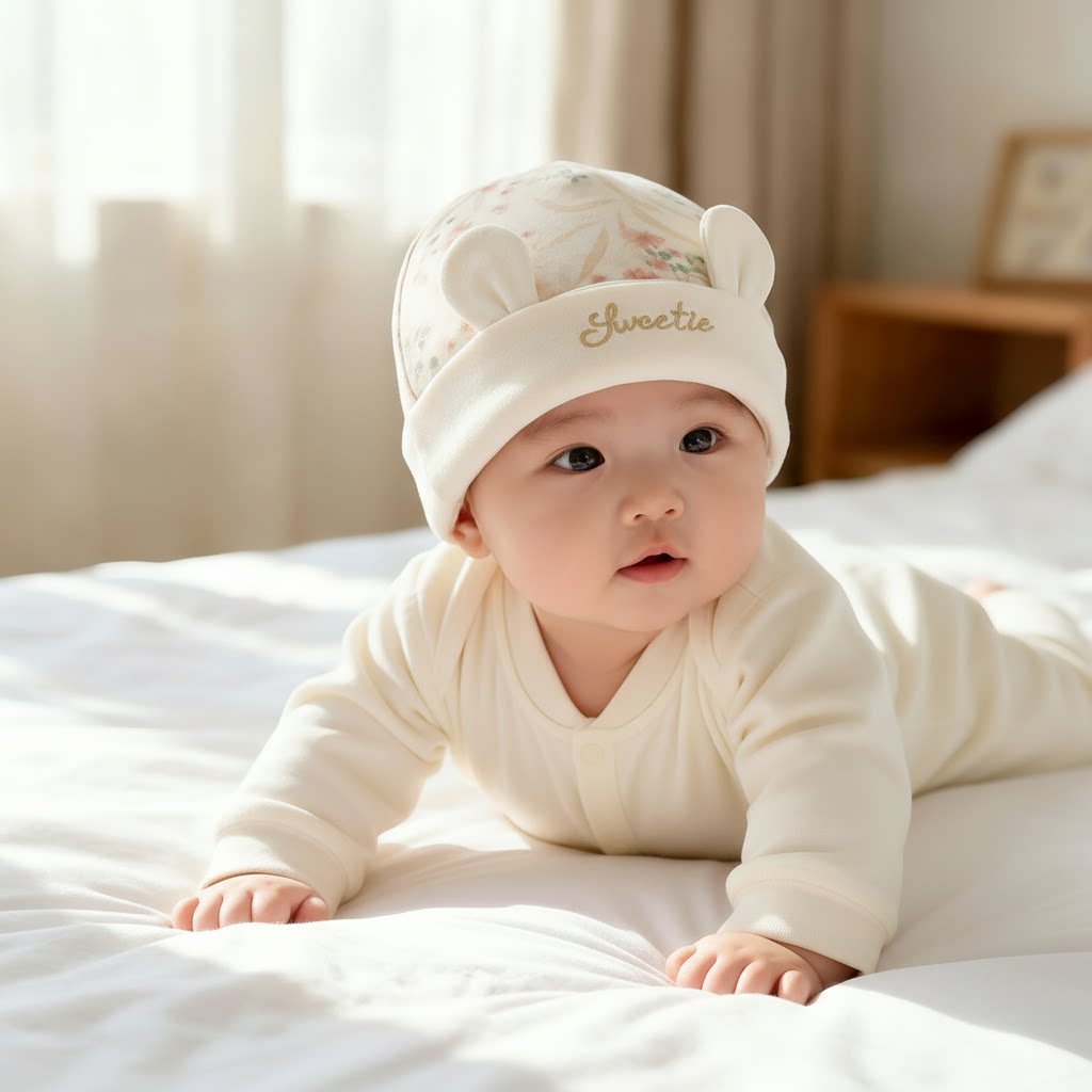 新生儿纯棉胎帽0-3个月婴儿护囟门可爱兔子耳朵套头帽四季款