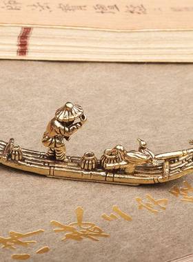 创意复古黄铜鹈鹕竹筏茶桌茶面茶宠装饰小摆件手把玩件铜器古玩