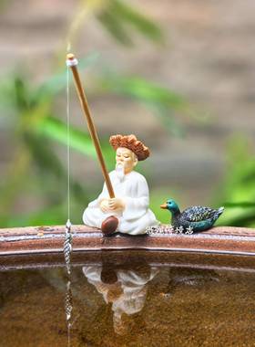 白衣姜太公钓鱼小摆件渔夫渔翁垂钓中式鱼缸鱼池假山流水造景装饰