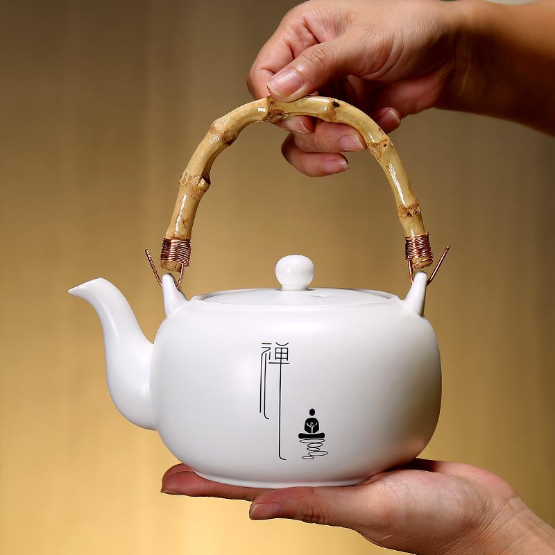 红茶茶艺专用瓷壶竹提梁壶禅意中式凉水壶白瓷泡茶壶功夫茶具大壶 - 图0