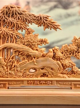 崖柏木雕竹报平安马上有钱中式桌面小摆件客厅玄关家居招财装饰品