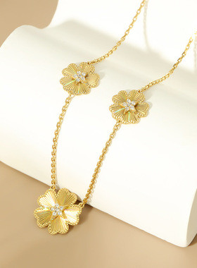 925银项链新品炫彩五叶花吊坠女高级感时尚毛衣链百搭