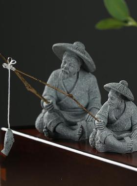 仿真姜太公老翁钓鱼摆件流水鱼缸造景微景观生态鱼缸假山花卉装饰