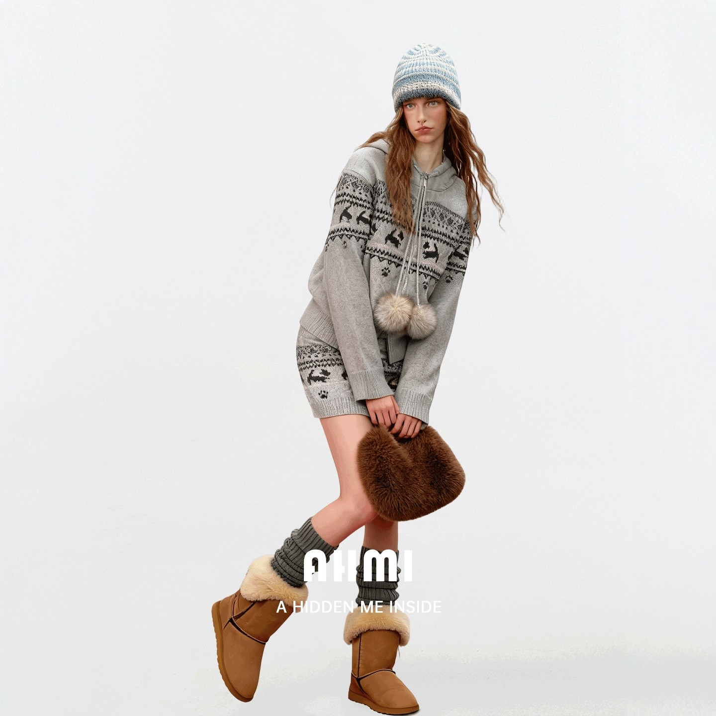 AHMI"麋鹿踏雪"费尔岛连帽毛衣开衫两件套女2025秋冬慵懒针织套装,淘宝优惠券,粉丝福利购,淘宝优惠卷