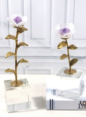 新中式样板房客厅书房水晶花大理石底座摆件办公室新古典软装饰品