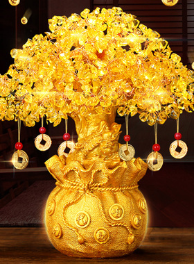 黄水晶发財树酒柜钱袋树工艺品小摇钱树家居摆件客厅装饰品摆设