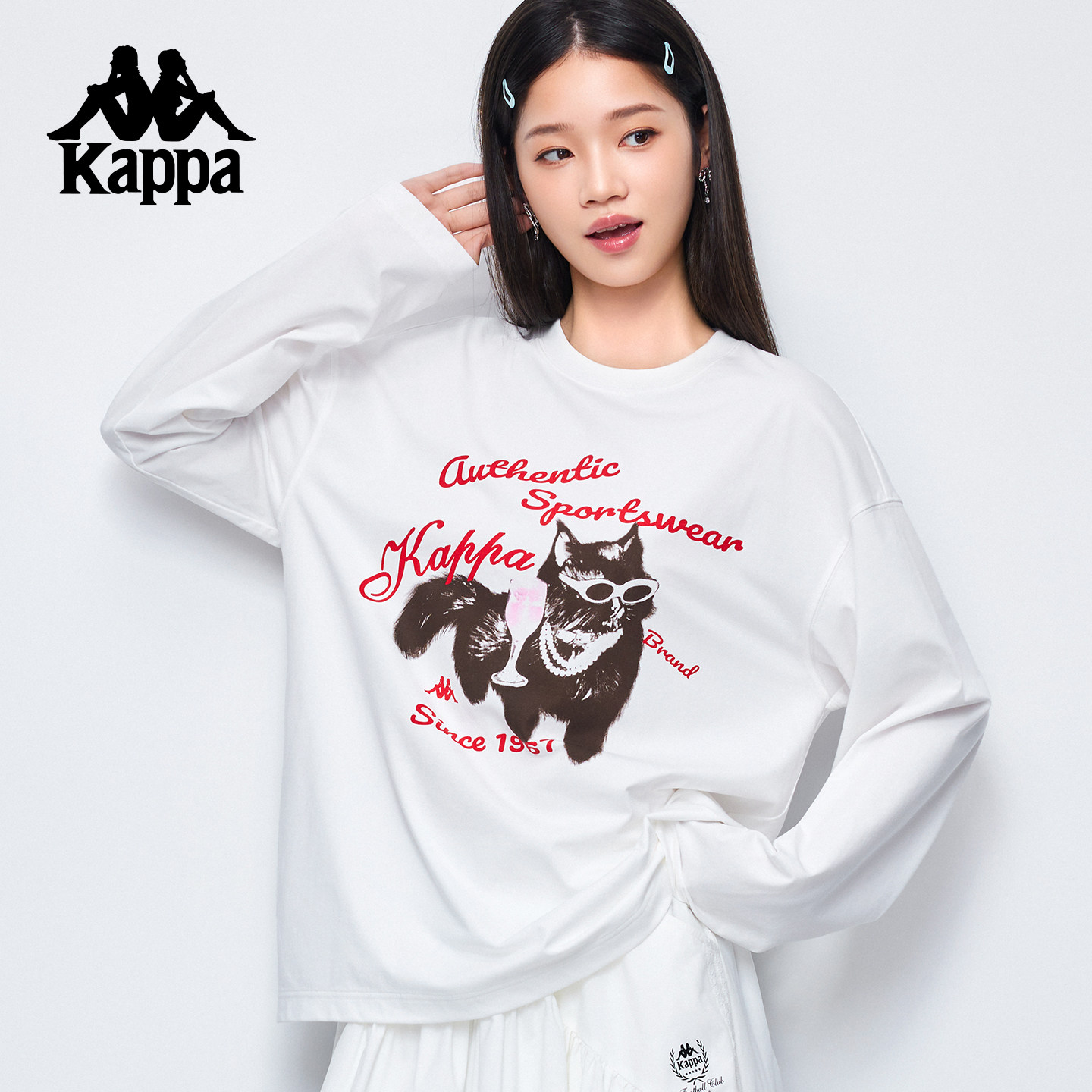 Kappa卡帕 秋冬新款猫咪印花卫衣女生款白色圆领长袖百搭休闲上衣,淘宝优惠券,粉丝福利购,淘宝优惠卷