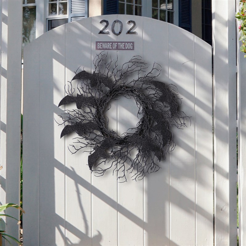 晶辰跨境万圣节仿真装饰花环黑色枯枝蝙蝠藤圈窗门挂派对道具 - 图1