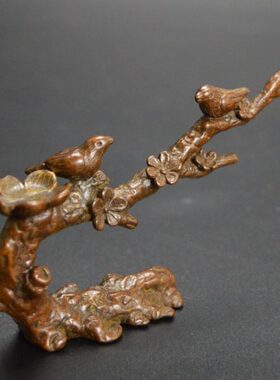 古玩实心黄铜喜鹊登梅小摆件袖珍茶宠仿古铜器工艺品喜上眉梢