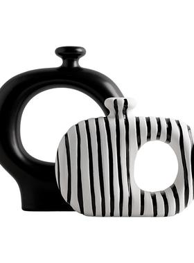 中古简约黑白条纹花瓶摆件客厅插花玄关桌面装饰品侘寂轻奢高级感