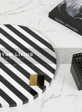 现代简约黑白条纹托盘o样板房间桌面摆件售楼处软装饰品餐桌收纳