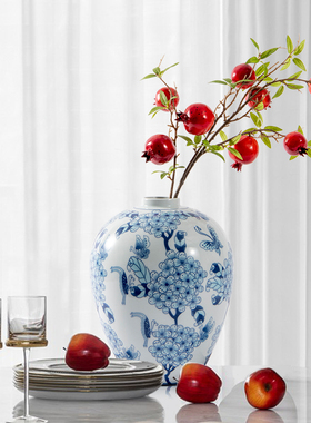 青花瓷大肚容福法式新中式花瓶玄关摆件O博古架落地插花罐干