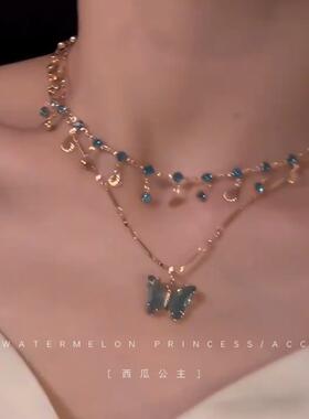 「蓝蝶之恋」蓝色蝴蝶项炼女款2024新款爆款双层叠戴锁骨炼配饰