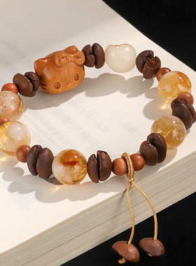 黄塔水晶串珠猫爪手链女文艺甜美檀木KT猫咖啡豆手串首饰批发