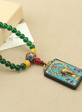 复古国风串珠唐卡吊坠项链女檀木平安牌长款毛衣链文艺民族风