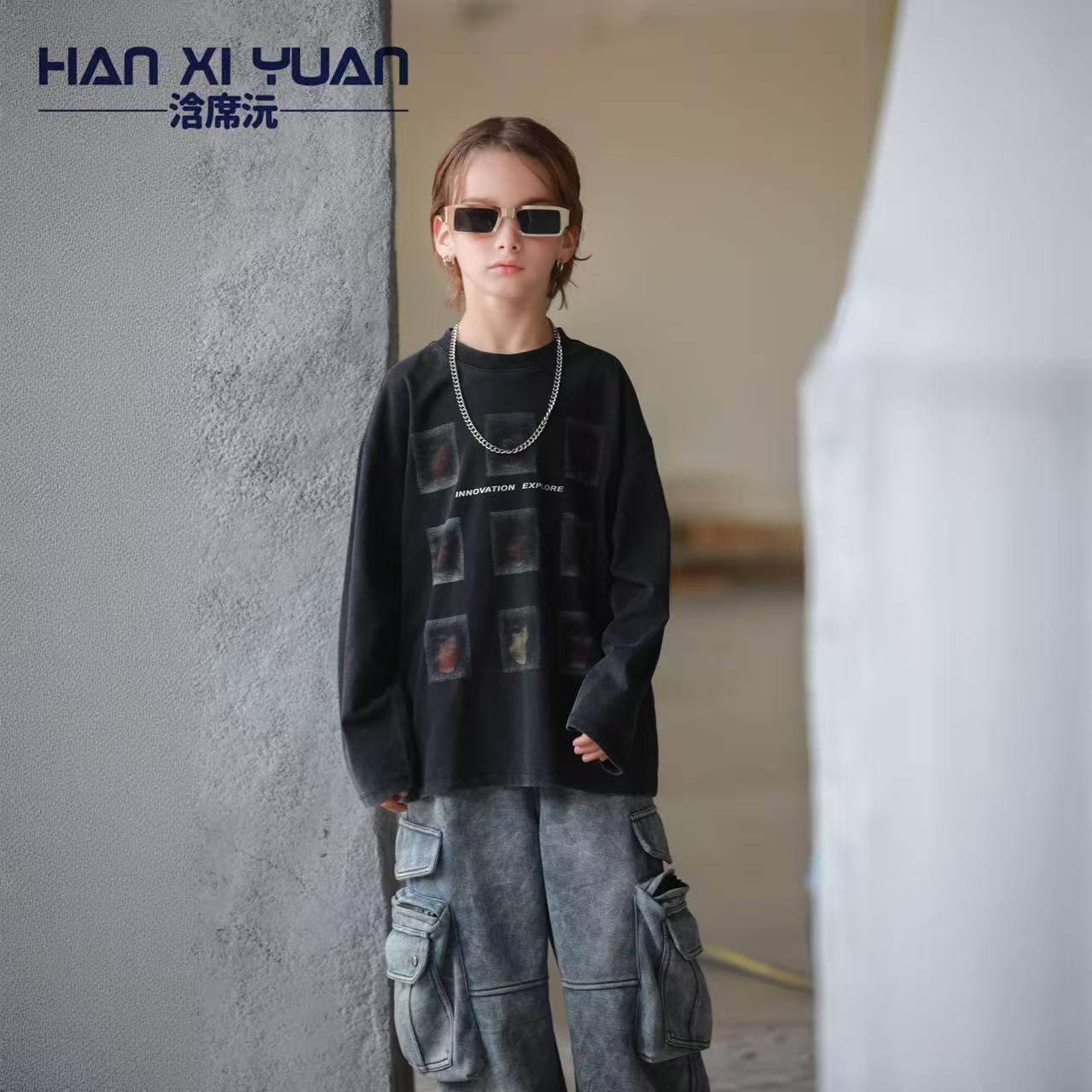 浛席沅复古字母抽象印图长袖T恤男女童街头设计感宽松黑色上衣,淘宝优惠券,粉丝福利购,淘宝优惠卷