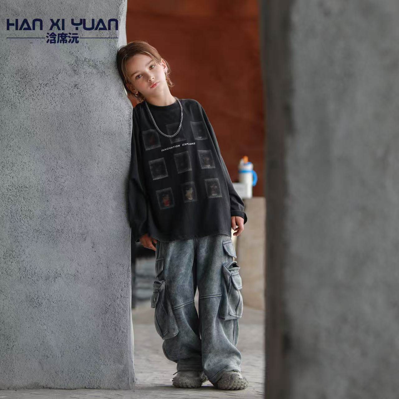 浛席沅复古工装裤男女儿童宽松多口袋休闲裤灰色直筒裤潮酷百搭,淘宝优惠券,粉丝福利购,淘宝优惠卷