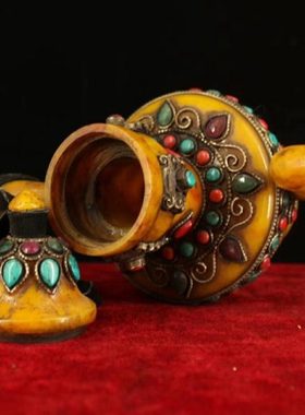 古玩收藏西藏收老物件纯手工掐丝镶嵌宝石蜜蜡酒壶藏式八宝酒壶