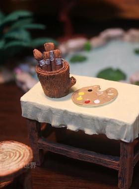 微景观造景树脂复古怀旧文艺画架凳子桥猫头鹰树杈装饰小鸟摆件