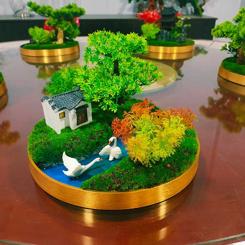 30c小圆桌中间摆件桌面装饰造景桌芯景观迎客松山水画大圆桌摆花 - 图1