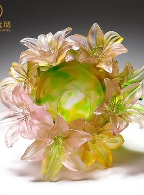 琉璃艺术品百合花花瓶摆件客厅插花玄关餐桌轻奢装饰品搬新家礼物