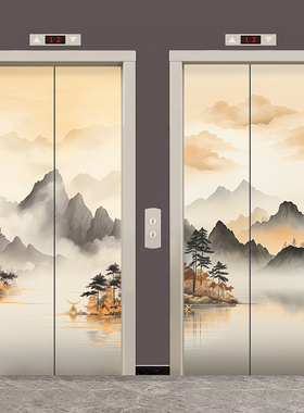 山水画极简高级感入户电梯门贴画