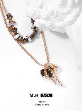 鱼头星星配饰感礼物毛衣链小众双层叠戴虎眼石熔岩爱心项链女生潮