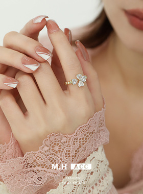 鱼头星星轻奢感食指戒花朵锆石小众设计礼物潮时尚戒指女生四叶草