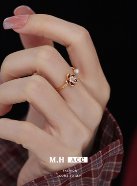 鱼头星星时尚感食指戒超仙红色花朵精致戒指珍珠女生轻奢正品饰品