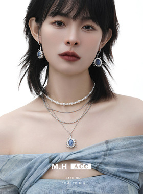 鱼头星星轻奢感锁骨链时尚饰品海蓝宝珍珠女生叠戴蓝色海胆项链潮