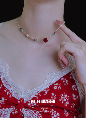 鱼头星星红玛瑙锁骨链珍珠串珠时尚个性项链女生轻奢感官方正品潮