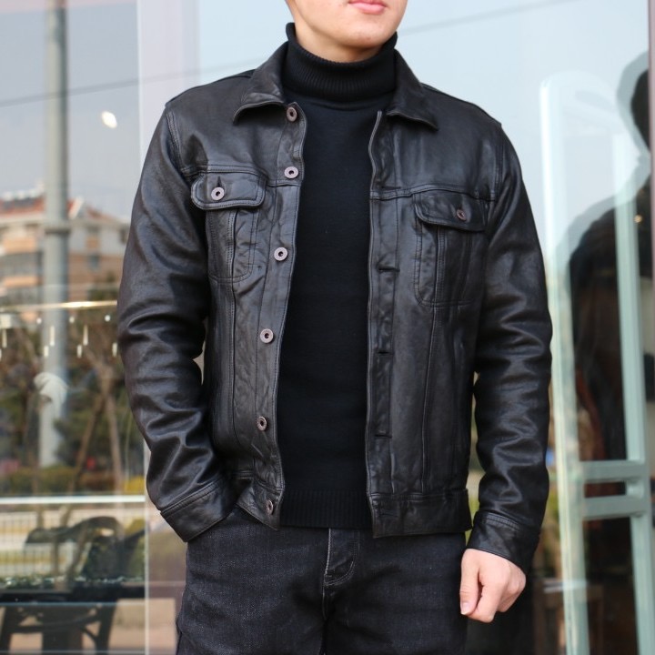 羊牛仔507夹克.男士翻领百搭无涂植鞣头层绵羊皮经典春秋休闲皮衣 - 图2