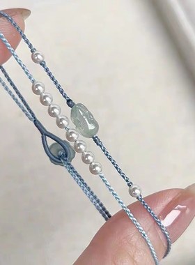国风清冷感水蓝色小貔貅珍珠双层编织手绳手链百搭简约新款女手饰