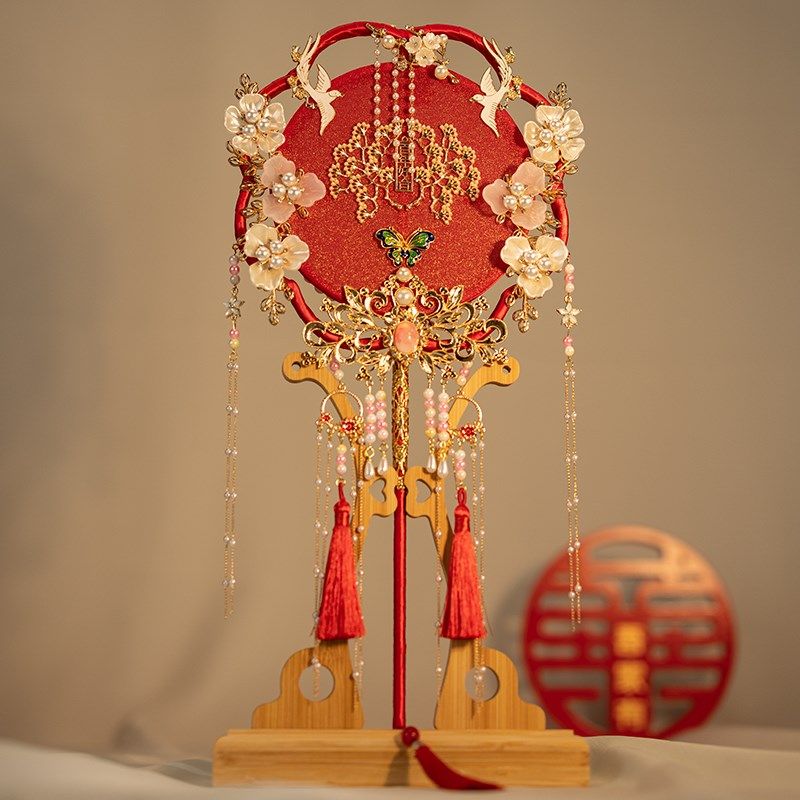 新娘团扇高级结婚di长柄手工中式婚礼秀禾喜扇古风成品面红色,淘宝优惠券,粉丝福利购,淘宝优惠卷