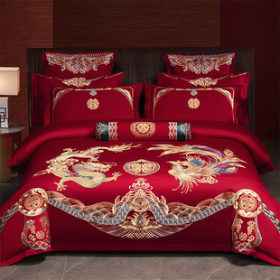 新中式长绒棉婚庆喜事龙凤刺绣四件套八件套