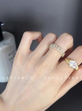 如蝶在野 法式彩色镀金可颂螺纹紫粉白钻戒指日常叠戴夸张开口戒